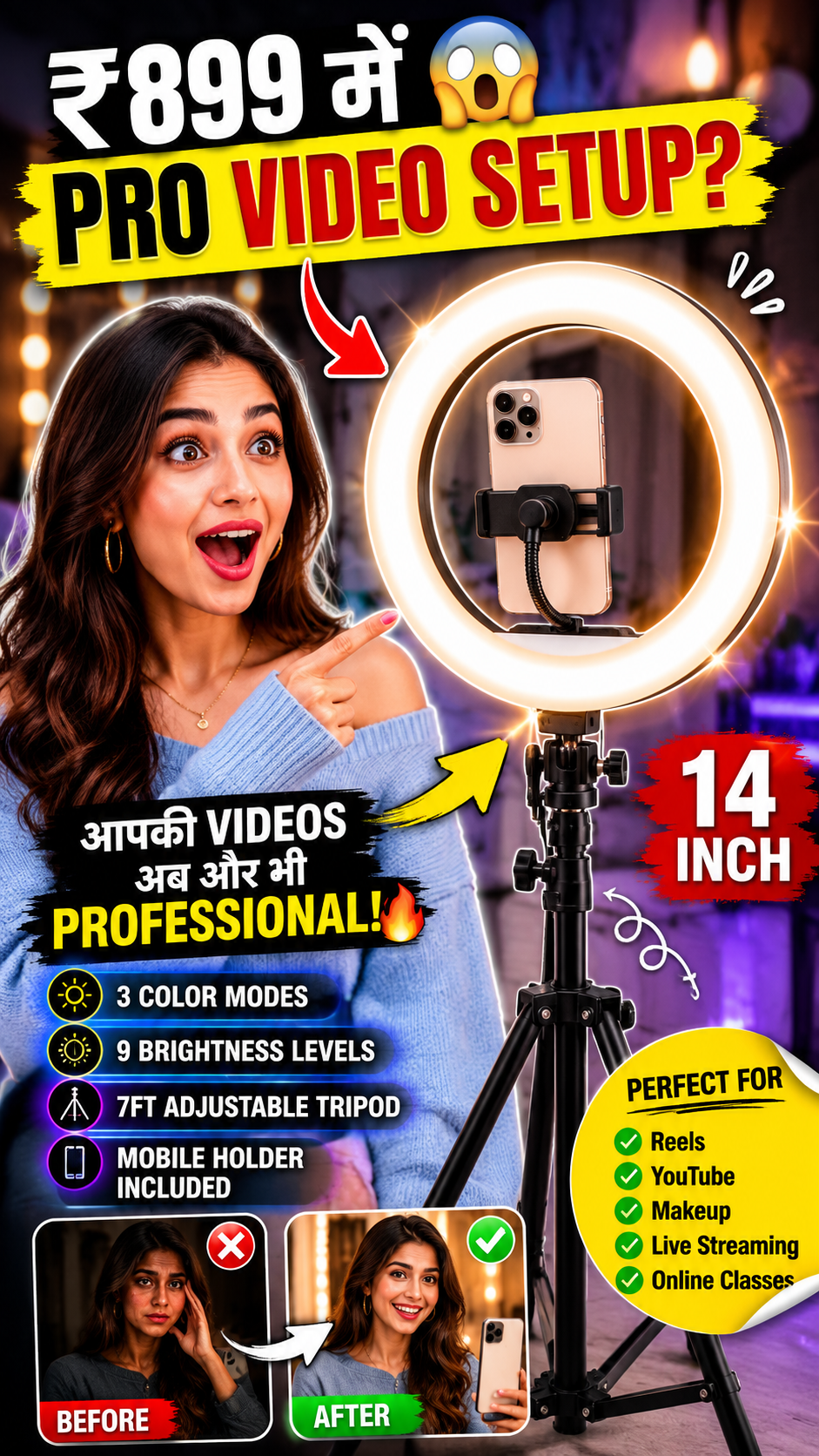 14 Inch LED Ring Light with 7ft Tripod Stand | 3 Color Modes & 9 Brightness Levels - Best Products
