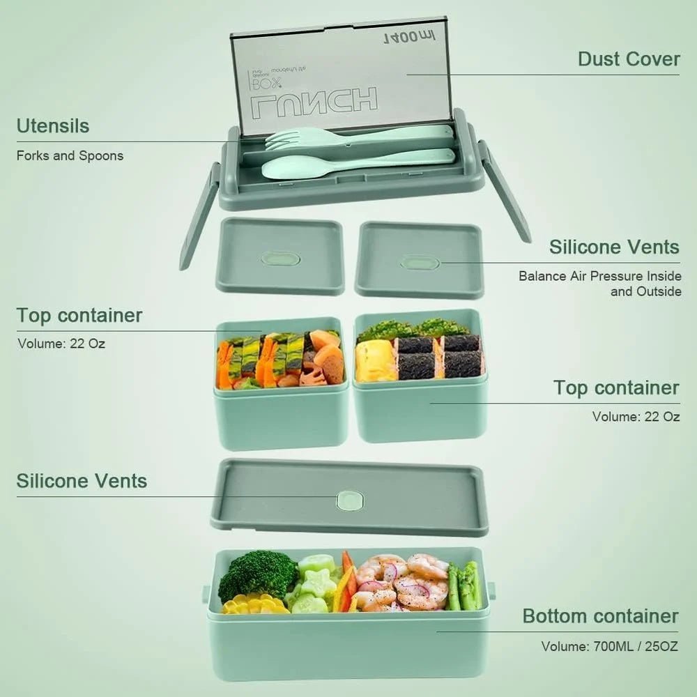 1400ml Bento Lunch Box with 3 Compartments & Cutlery | Microwave Safe Food Container - Best Products