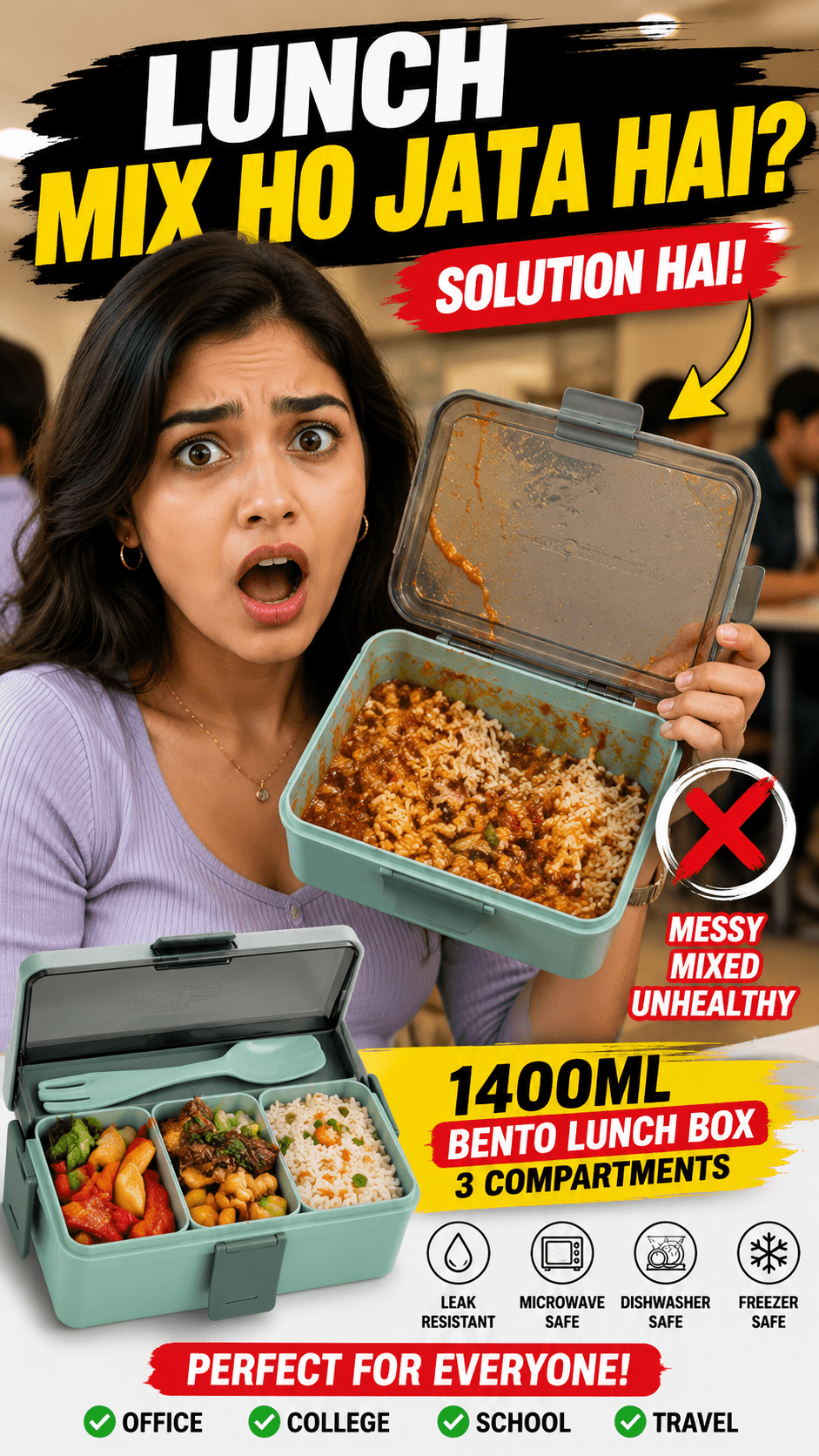 1400ml Bento Lunch Box with 3 Compartments & Cutlery | Microwave Safe Food Container - Best Products