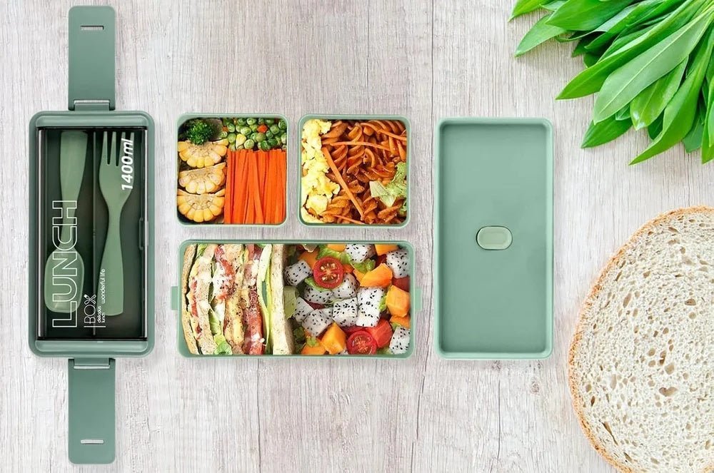 1400ml Bento Lunch Box with 3 Compartments & Cutlery | Microwave Safe Food Container - Best Products