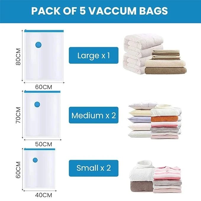Vacuum Storage Bags with Hand Pump | 5 Reusable Compression Bags for Travel & Clothes Storage - Best Products