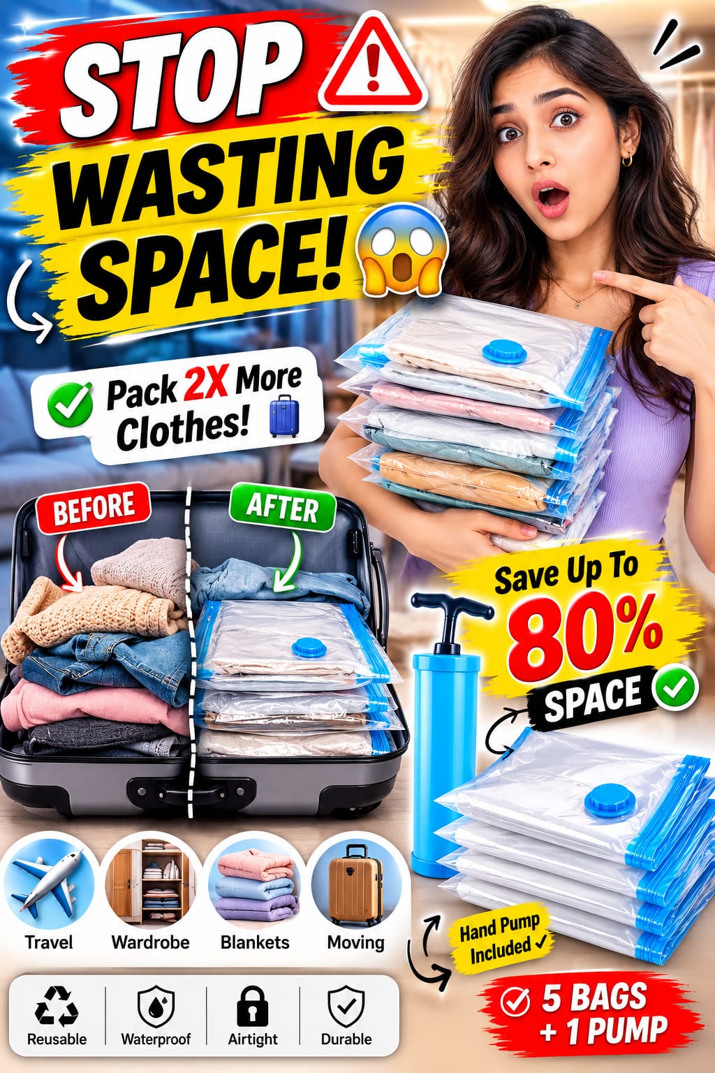 Vacuum Storage Bags with Hand Pump | 5 Reusable Compression Bags for Travel & Clothes Storage - Best Products